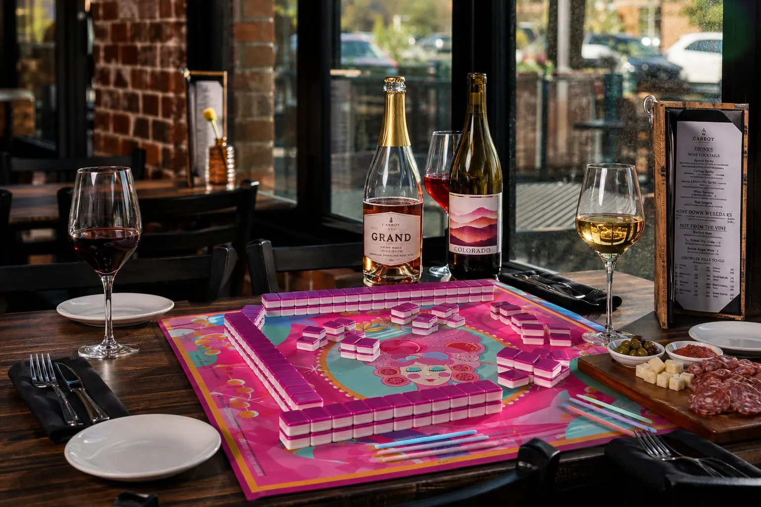 A vibrant pink American mahjong set on the table at Carboy Winery in Littleton, bottles and glasses of Carboy sparkling rosé and wine beside it in the window light